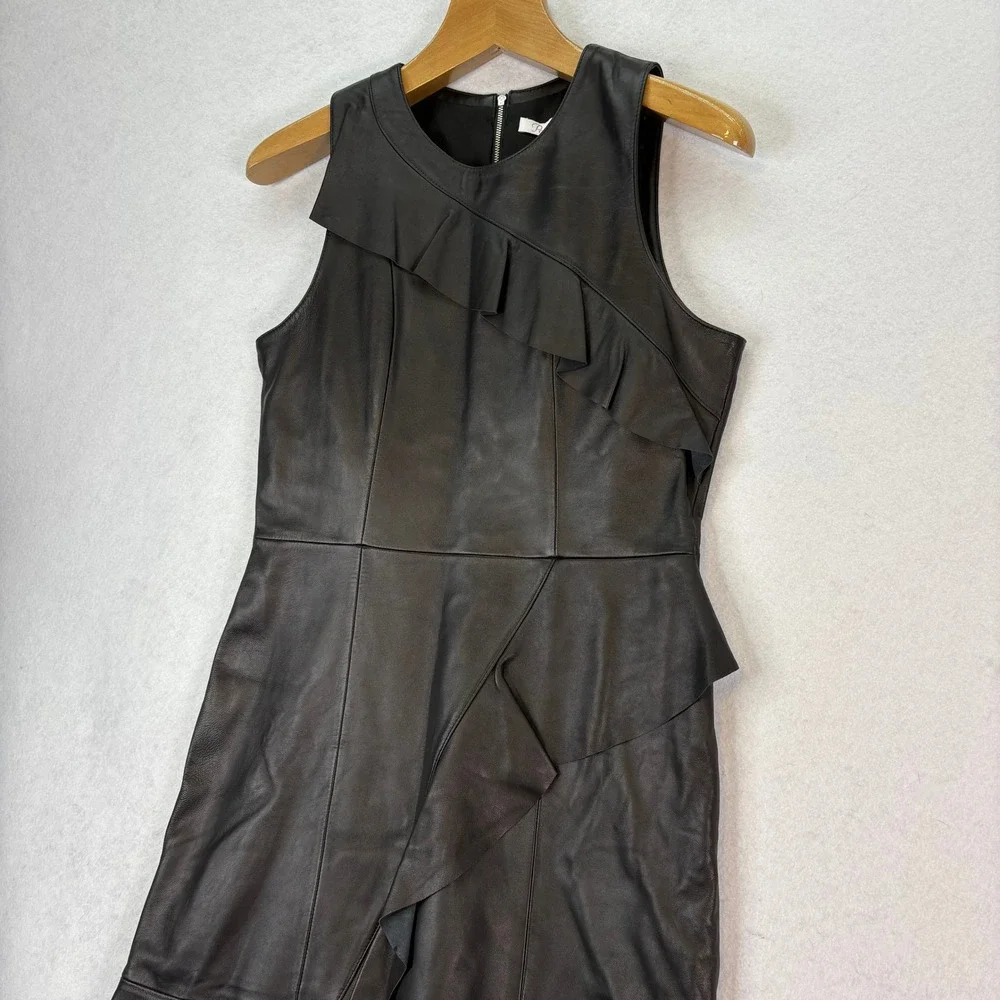 NWT Parker Black Leather Ruffle Sheath Mini Dress Size 10‎ Sleeveless Party Date